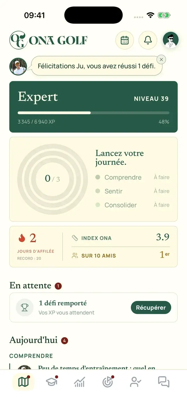 L’accueil d’Ona Golf, avec le niveau, la série et les défis du jour