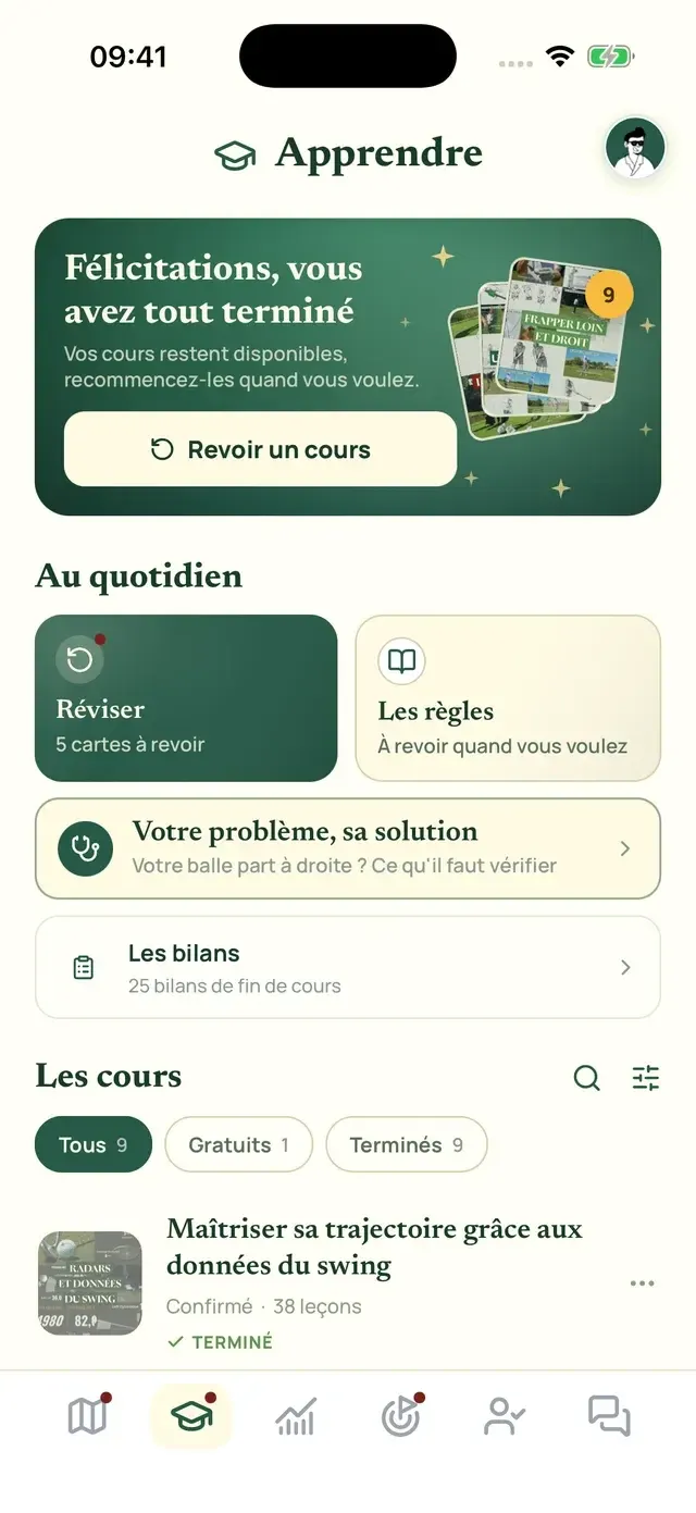 L’onglet Apprendre d’Ona Golf, l’application éditée par Udolia