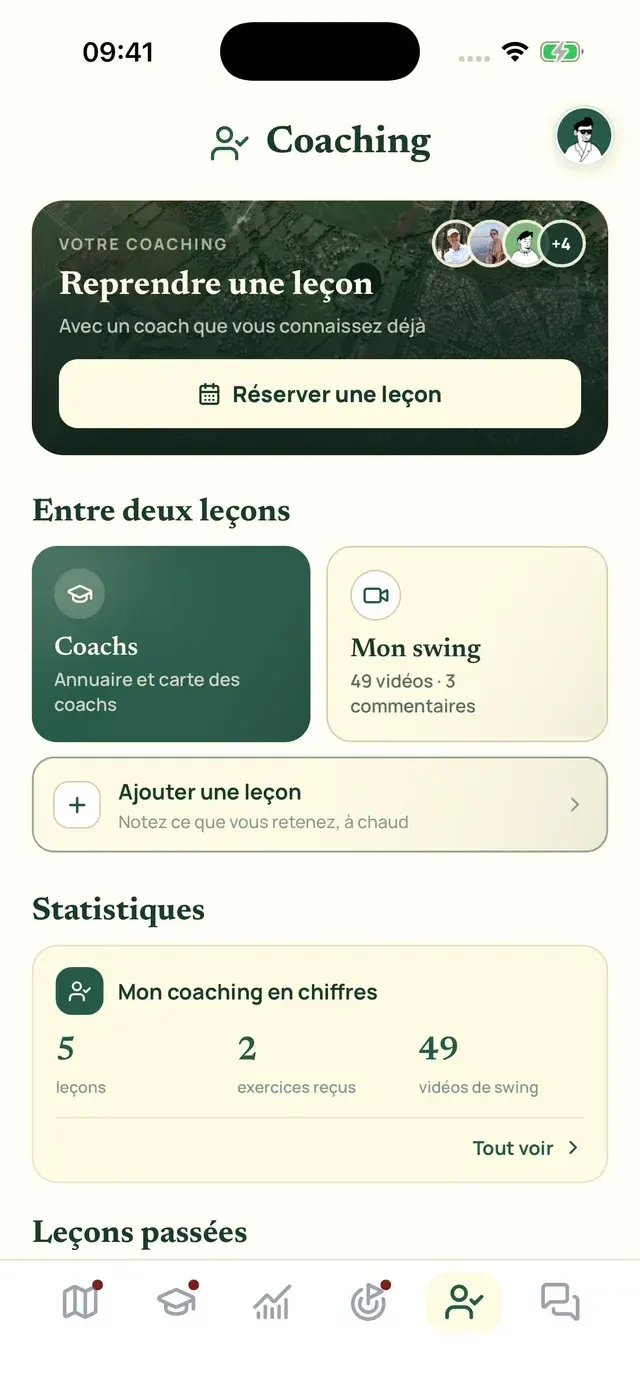 L’écran Coaching d’Ona Golf, avec les leçons et les vidéos de swing