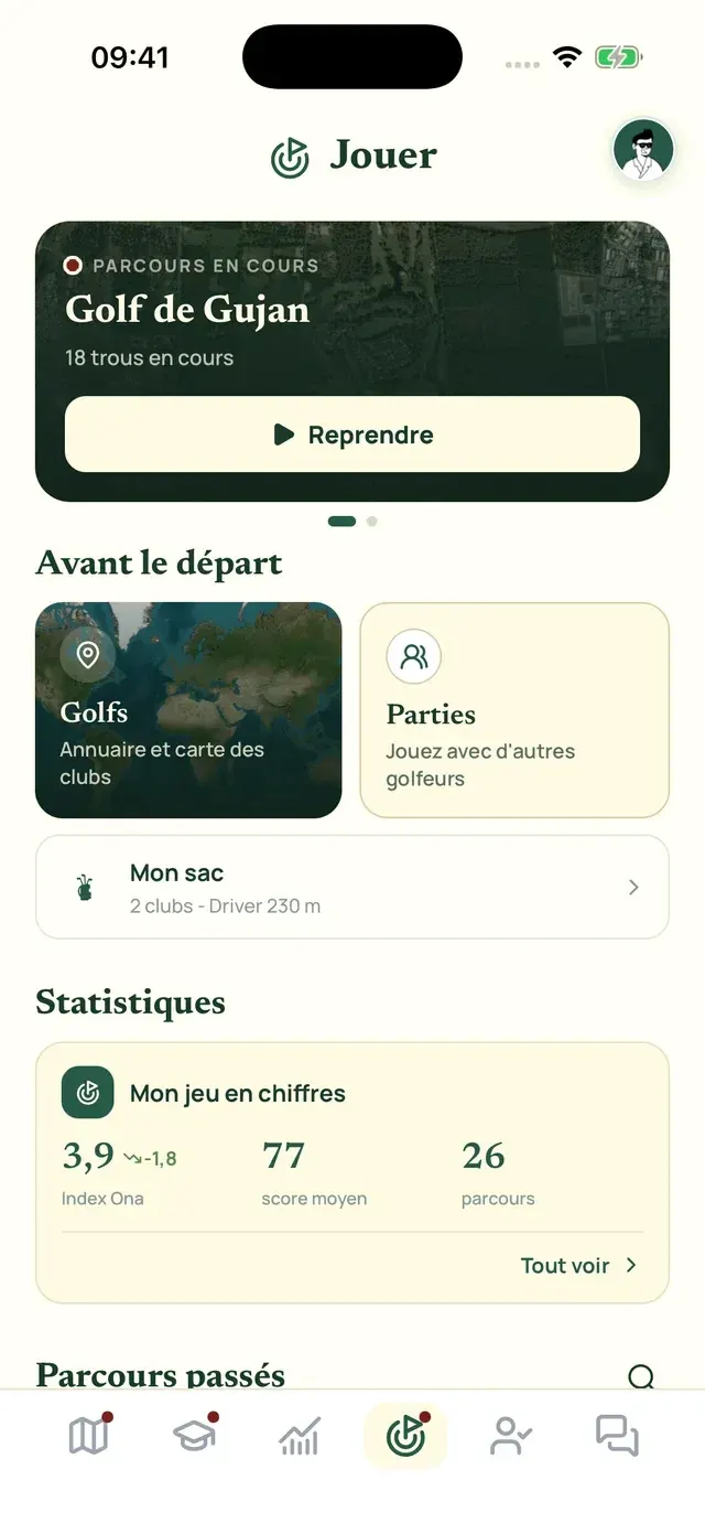 L’onglet Jouer d’Ona Golf, avec un parcours en cours au golf de Gujan