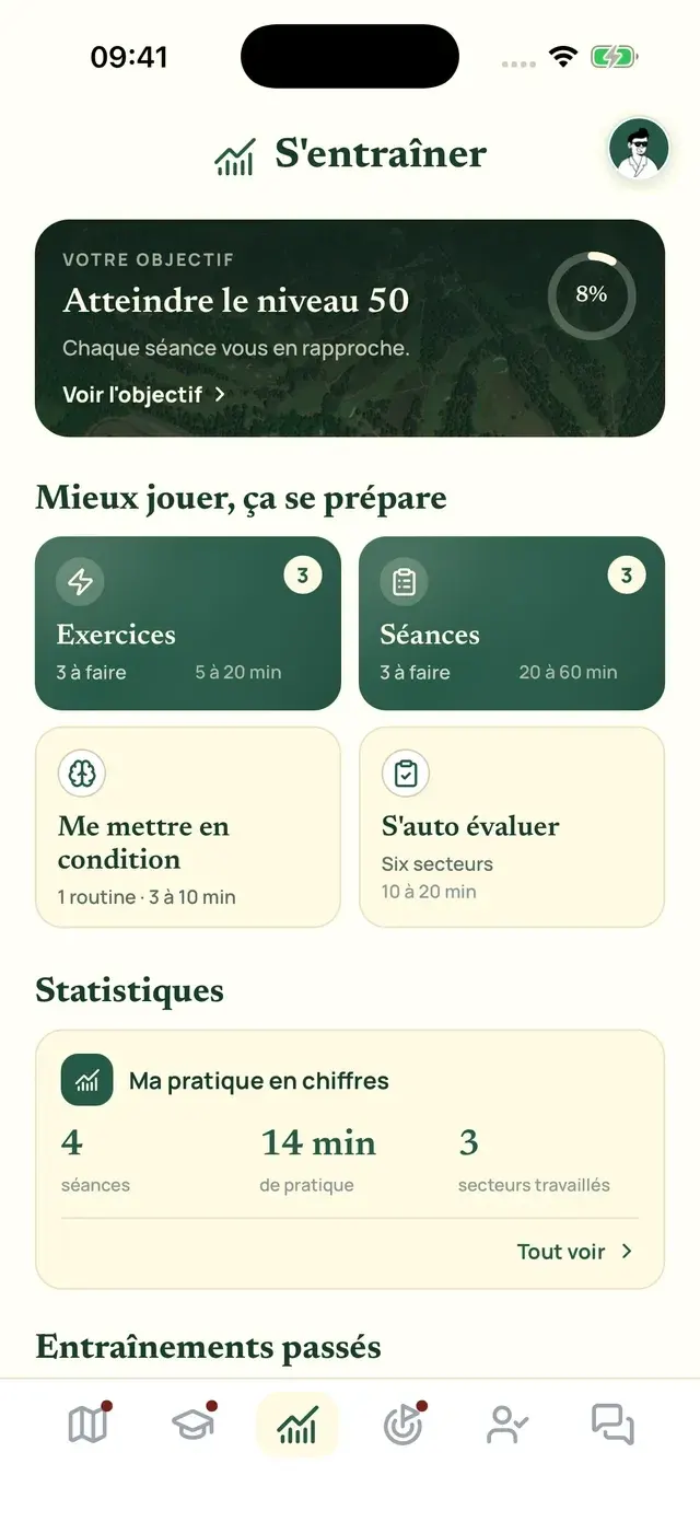 L’onglet S’entraîner d’Ona Golf, avec les exercices, les séances et l’objectif en cours